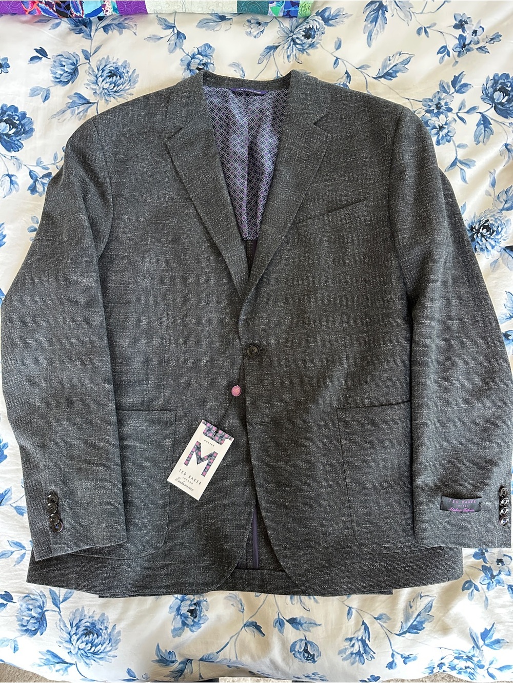 Men's Ted Baker Linen/Wool Blend Charcoal Grey Textured Two-Button Sportcoat 46R